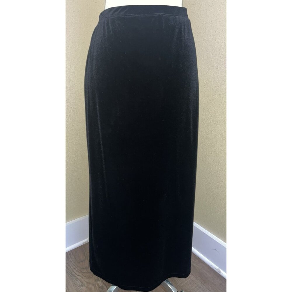 Black Velvet Elastic Waist Maxi Skirt Size Large Side Slit 34-40 Waist Islander